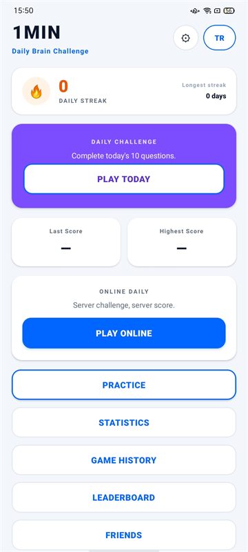 1MIN home screen with streaks and statistics