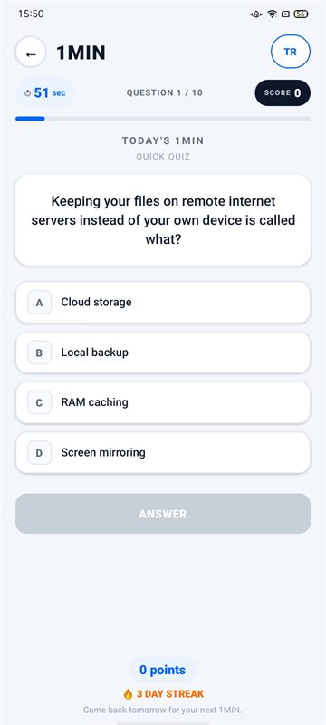 1MIN daily quiz screen